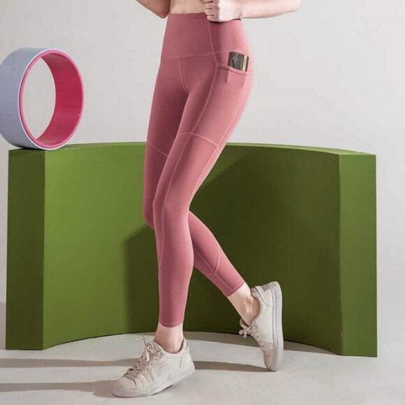 NEW Janice Active High Waist Side Pockets Full Length Leggings Dark Mauve Pink M - Picture 2 of 6